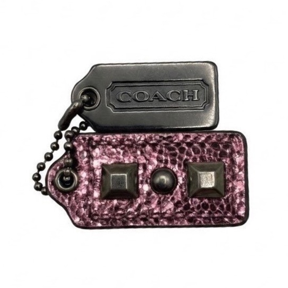 Coach Double Hangtag Charm Purple Snake Embossed Leather Gunmetal Studded Tag